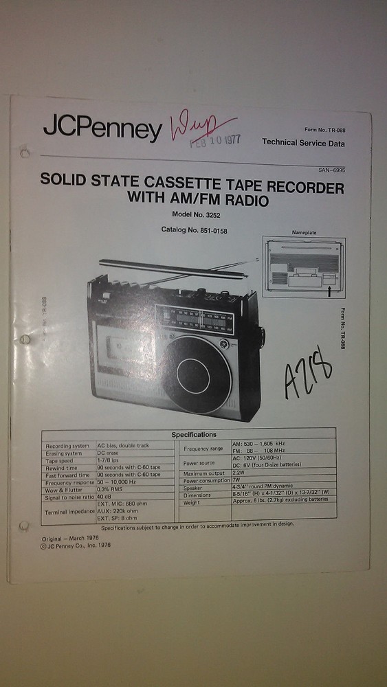 JC Penney 3252 service manual original repair book tuner radio tape player