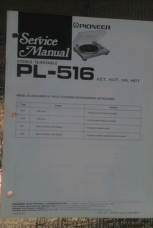 Pioneer service manual pl516 Original stereo turntable record player Repair book