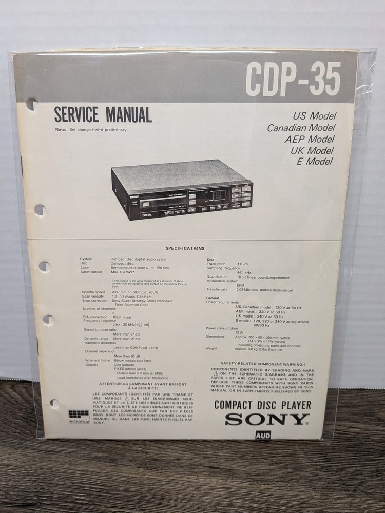 Sony CDP-35 CD Player Service Manual Original Vintage Paperwork Repair