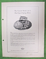 GARRARD MODEL 20 D. SPRING MOTOR SALES SHEET & INFO DUAL SPEED SPRING MOTOR