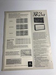 Acoustic Research AR-3A Vintage Speakers Specifications Sheet