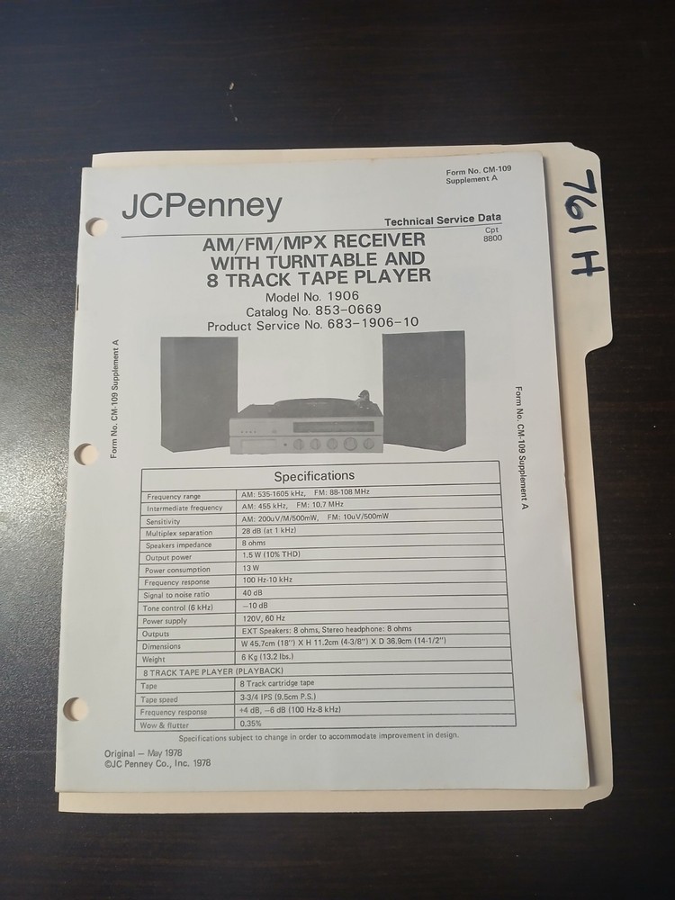 JC Penney 1906 Service Manual Original Repair Book Receiver Record 8 Track