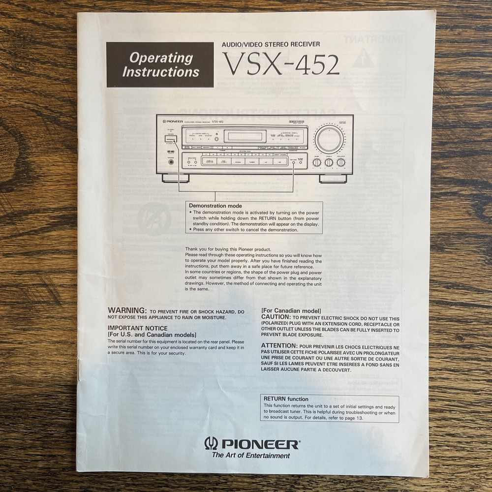 Pioneer Electronics VSX-452 audio video stereo Receiver Operating Instructions