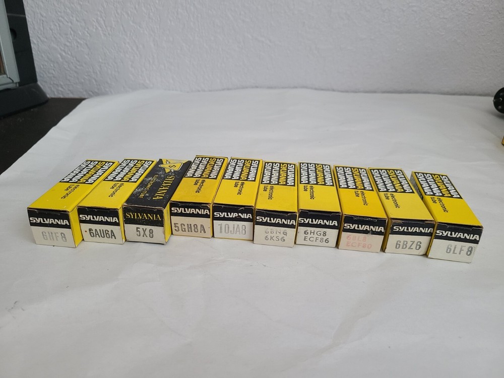 Lot of 10 SYLVANIA Electronic Tubes w Boxes 6HF8, 6AU6A, 5X8, 10KA8, 6LF8 etc